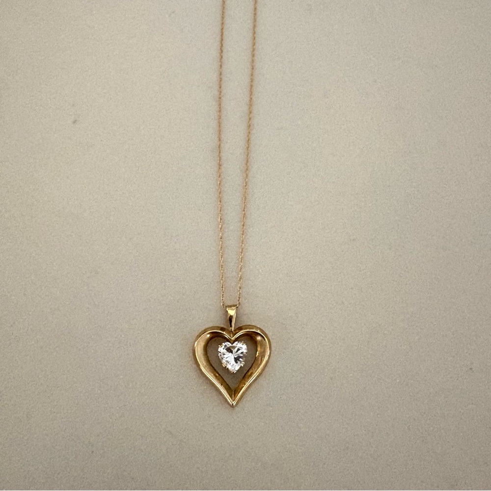 10K Gold Chain and Heart Pendant with Cubic Zirconia CZ Necklace